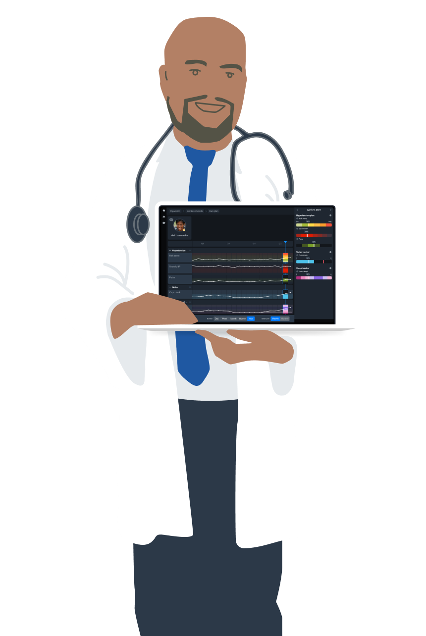 Illustration: a doctor holding a laptop that shows the Engage Portal